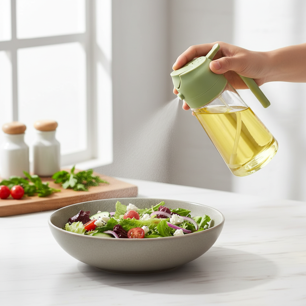 Lifestyle shot spraying oil over salad
